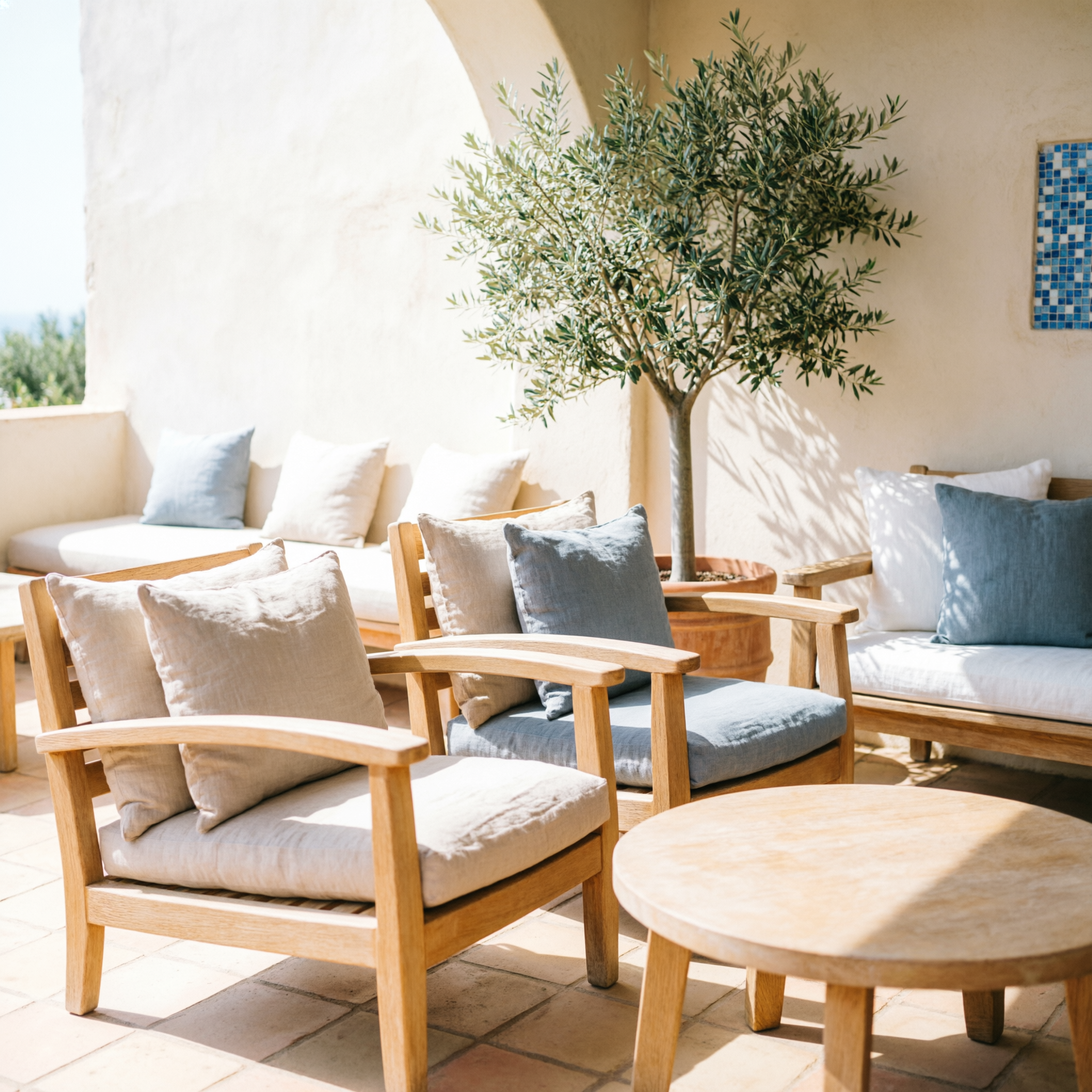 Wooden terrace furniture and white cushions from Paco Mobles